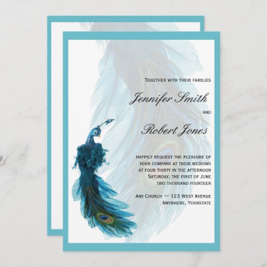 Faire-part de mariage bleu turquoise de plume de (Devant / Derrière)