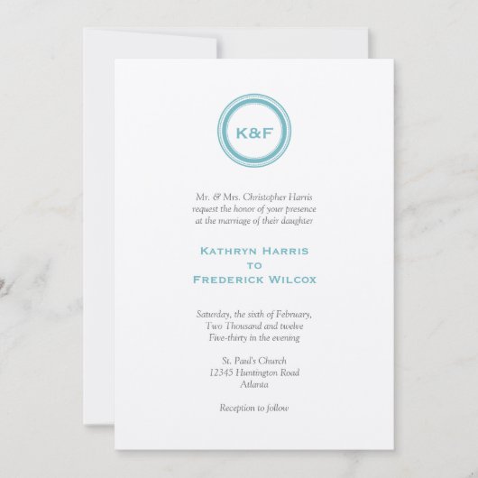 Faire-part de mariage bleu turquoise d'initiales (Devant)
