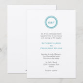 Faire-part de mariage bleu turquoise d'initiales (Devant / Derrière)