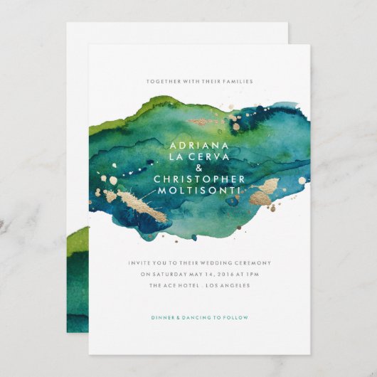 Faire-part de mariage bleu vert et or (Devant / Derrière)