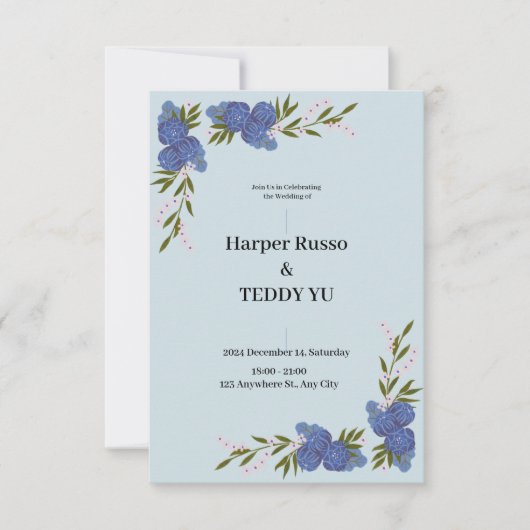 Faire-part de mariage bleue classique et élégante (Devant)