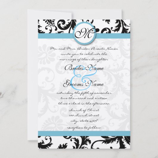 Faire-part de mariage Blue Damask Fils 5 x 7 (Devant)