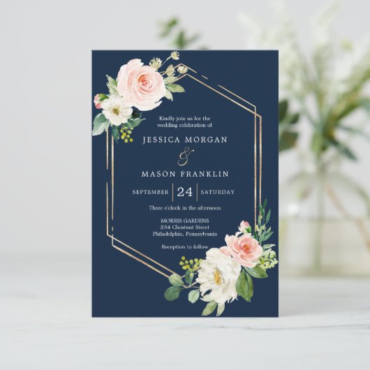 Faire-part de mariage Blue Gold Blush (Debout devant)