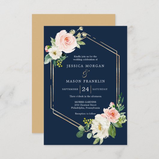 Faire-part de mariage Blue Gold Blush (Devant / Derrière)