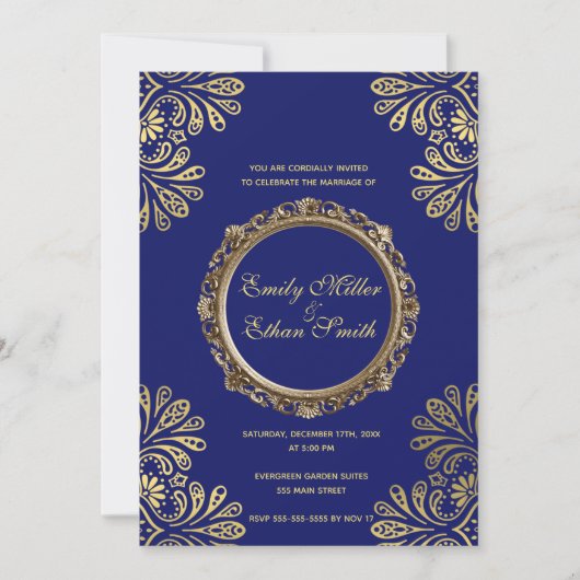 Faire-part de mariage Blue Gold Floral Abstrait (Devant)