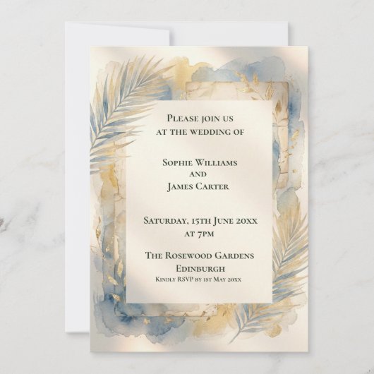 Faire-part de mariage Blue Gold Palm (Devant)