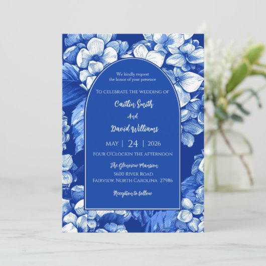Faire-part de mariage Blue Hydrangeas (Debout devant)