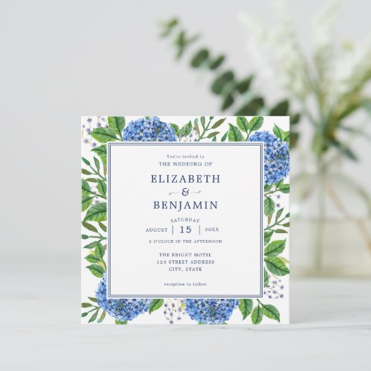 Faire-part de mariage Blue Hydrangeas avec code QR (Debout devant)