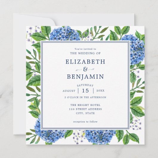 Faire-part de mariage Blue Hydrangeas avec code QR (Devant)