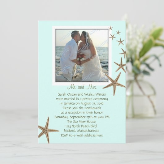 Faire-part de mariage Blue Starfish Réception uniq (Debout devant)