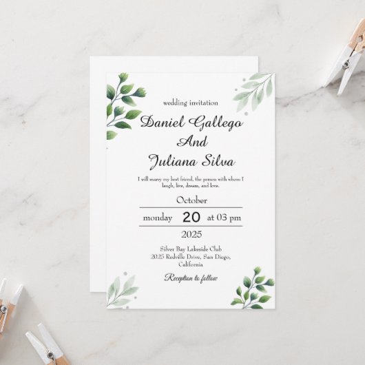 Faire-part de mariage Bohème verdure (Devant/Arrière en situation)