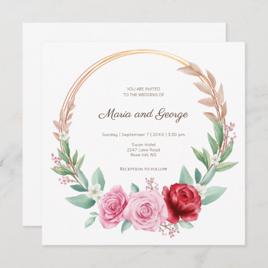 Faire-part de mariage boho à couronne fleurie doré (Devant / Derrière)