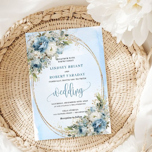 Faire-part de mariage Boho aquarelle fleurs bleues