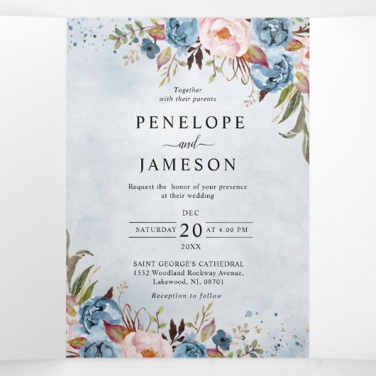 Faire-part de mariage Boho bleu foncé (Intérieur au milieu)