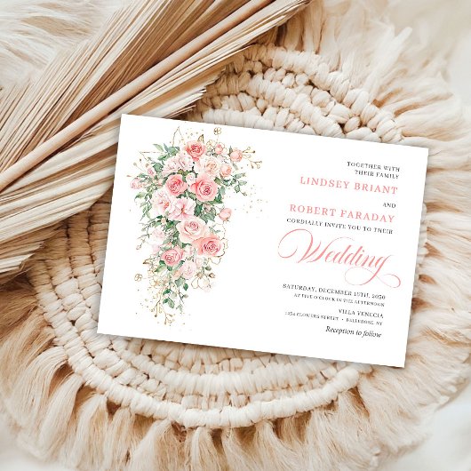 Faire-part de mariage Boho Blush Roses Verdure Or