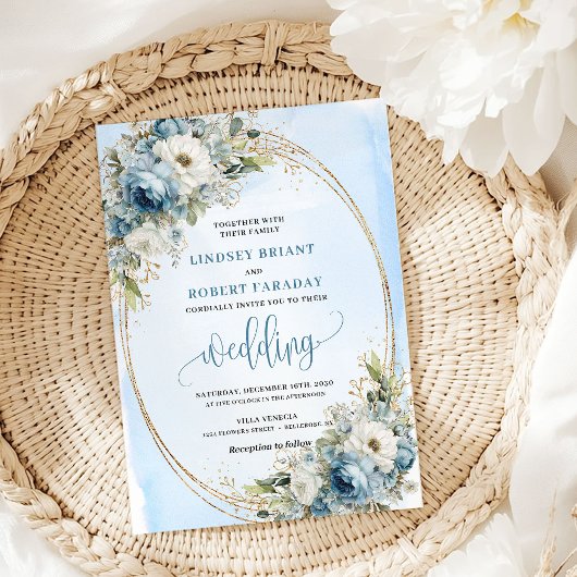 Faire-part de mariage Boho Dusty Blue Floral Or