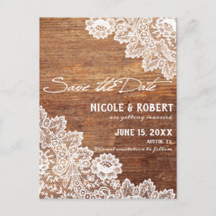 Faire-Part de Mariage Bois Rustique Dentelle Blanc
