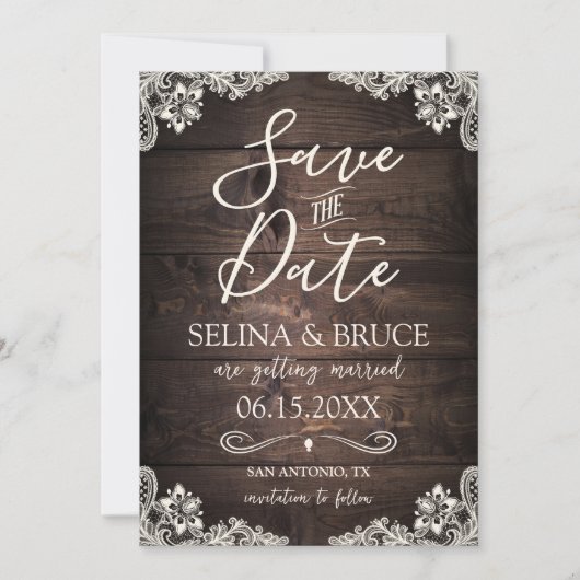 Faire-Part de Mariage Bois Rustique Dentelle Vinta (Devant)