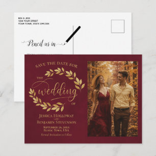 Faire-part de mariage bordeaux aux feuilles d'or a
