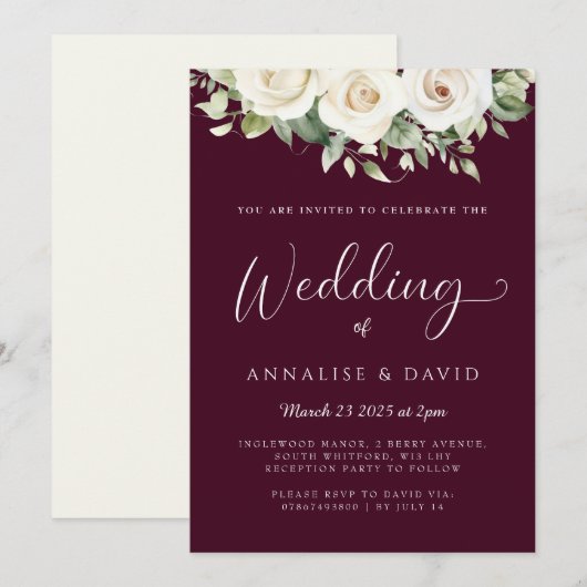 Faire-part de mariage bordeaux floral (Devant / Derrière)