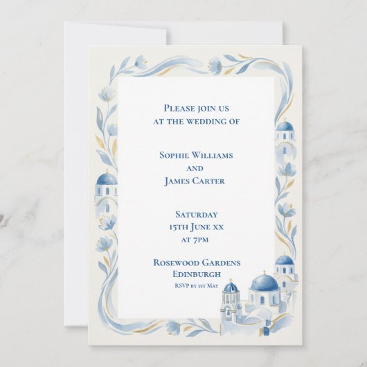 Faire-part de mariage bordure Égée Santorin (Devant)
