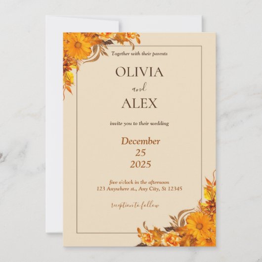 Faire-part de mariage Bordure Fleur Jaune (Devant)
