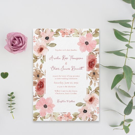 Faire-part de mariage bordure florale de jardin ro