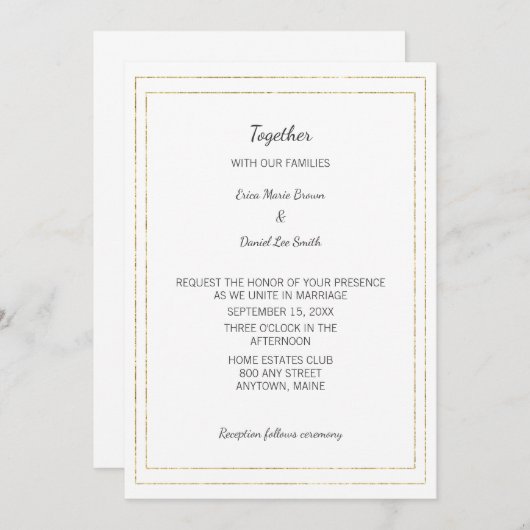 Faire-part de mariage bordure or simple (Devant / Derrière)