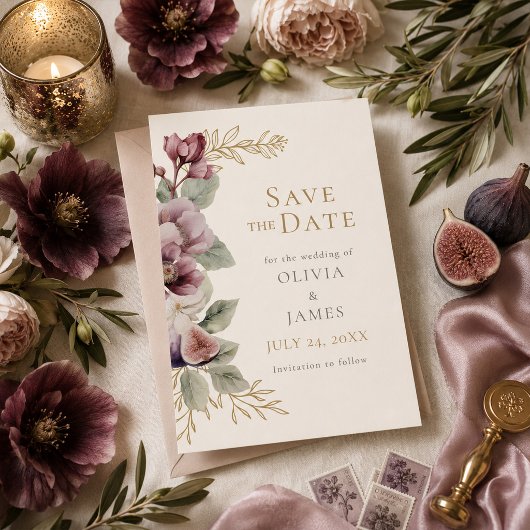Faire-part de mariage botanique à la prune et à l'