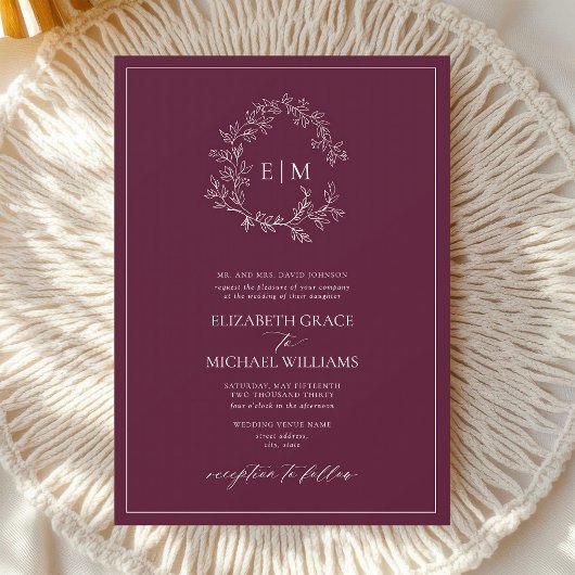 Faire-part de mariage botanique au monogramme de B