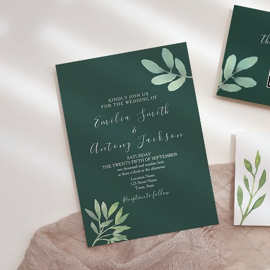 Faire-part de mariage botanique avec du vert émera