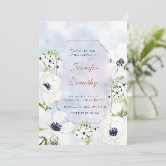 Faire-part de mariage Botanique blanc Fleur d'aném (Debout devant)