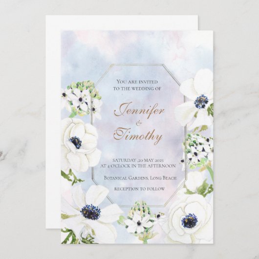 Faire-part de mariage Botanique blanc Fleur d'aném (Devant / Derrière)