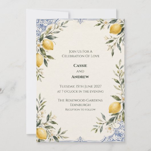 Faire-part de mariage botanique bleu citron (Devant)