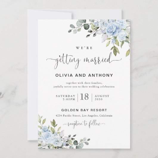 Faire-part de mariage botanique bleu doux (Devant)
