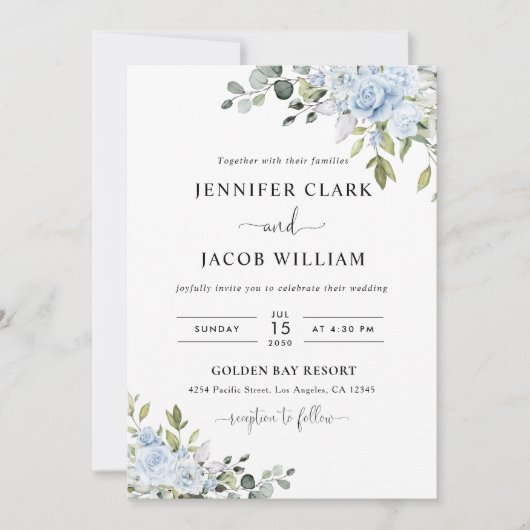 Faire-part de mariage botanique bleu doux (Devant)