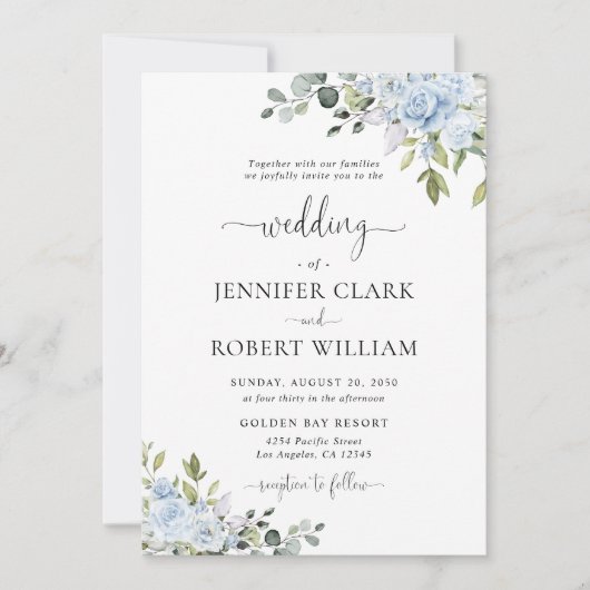 Faire-part de mariage botanique bleu doux (Devant)