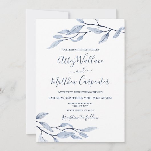 faire-part de mariage botanique bleu Dusty (Devant)