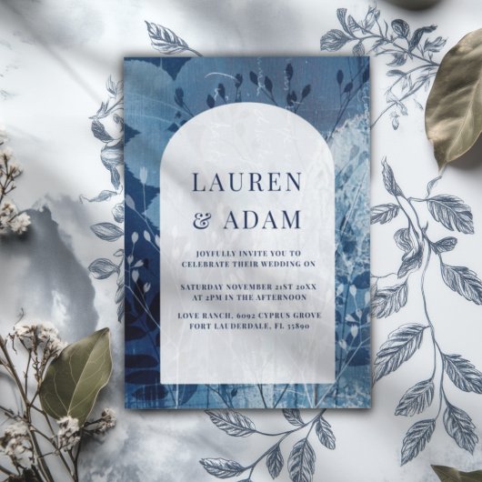 Faire-part de mariage botanique bleu et blanc rust