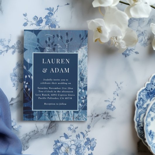 Faire-part de mariage botanique bleu foncé moderne