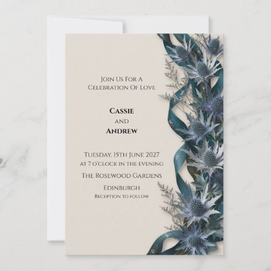 Faire-part de mariage botanique Blue Thistle (Devant)