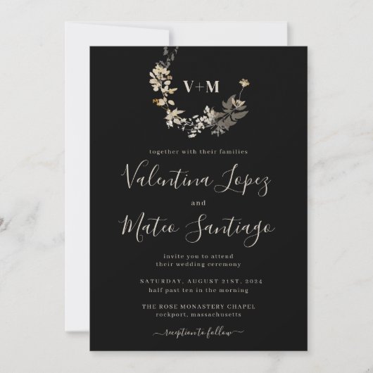 Faire-part de mariage botanique boho noir Monogram (Devant)