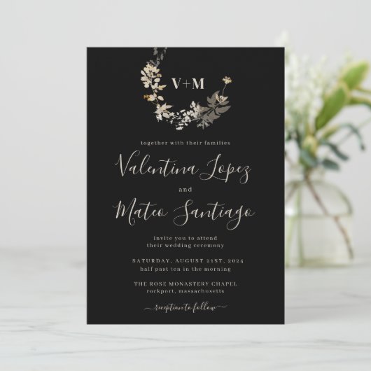 Faire-part de mariage botanique boho noir Monogram (Debout devant)