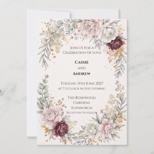Faire-part de mariage botanique Burgundy Blush (Devant)