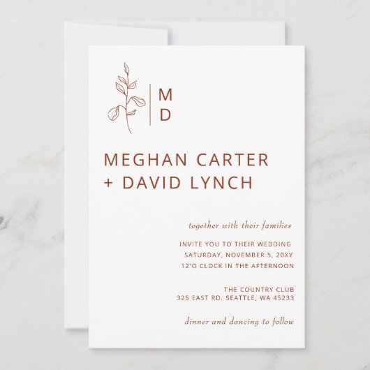 Faire-part de mariage botanique en terracotta rust (Devant)