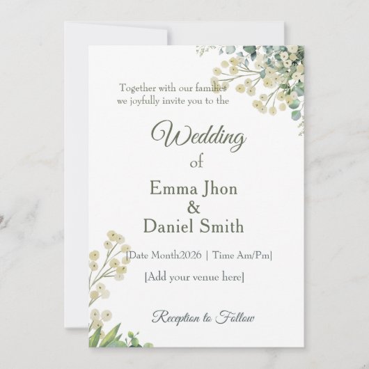 Faire-part de mariage botanique Eucalyptus & Fleur (Devant)