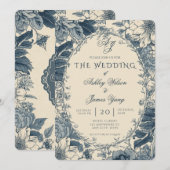 Faire-part de mariage botanique floral bleu élégan (Devant / Derrière)