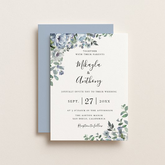 Faire-part de mariage botanique floral bleu Poudre