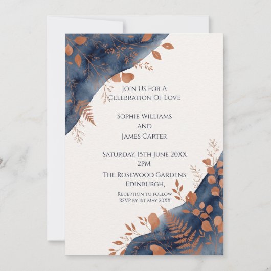Faire-part de mariage botanique Navy Copper (Devant)