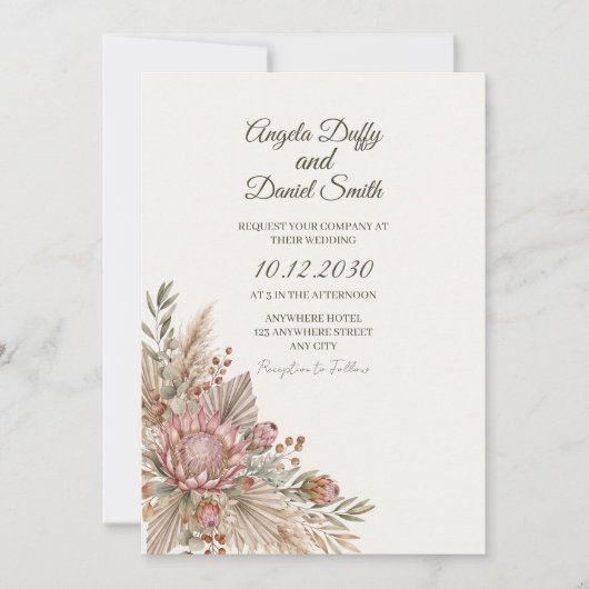 Faire-part de mariage botanique protéa boho (Devant)